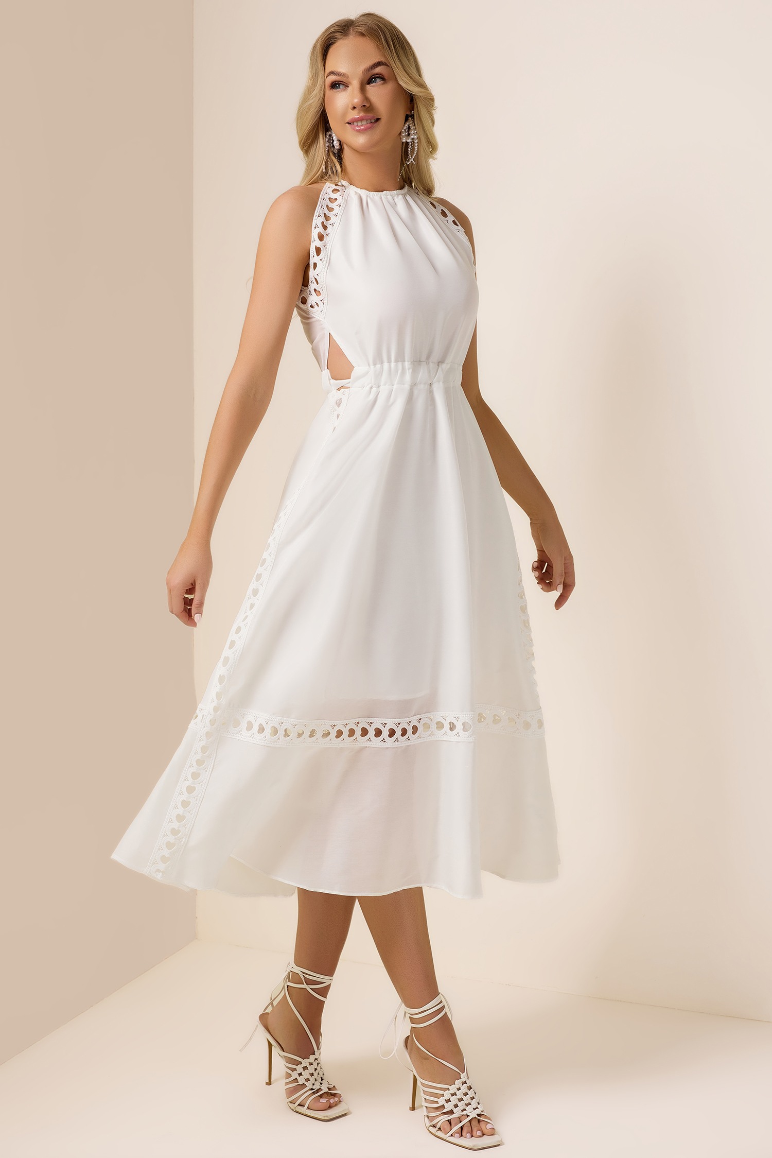 Solid Heart Shape Lace Halter Neck Midi Dress