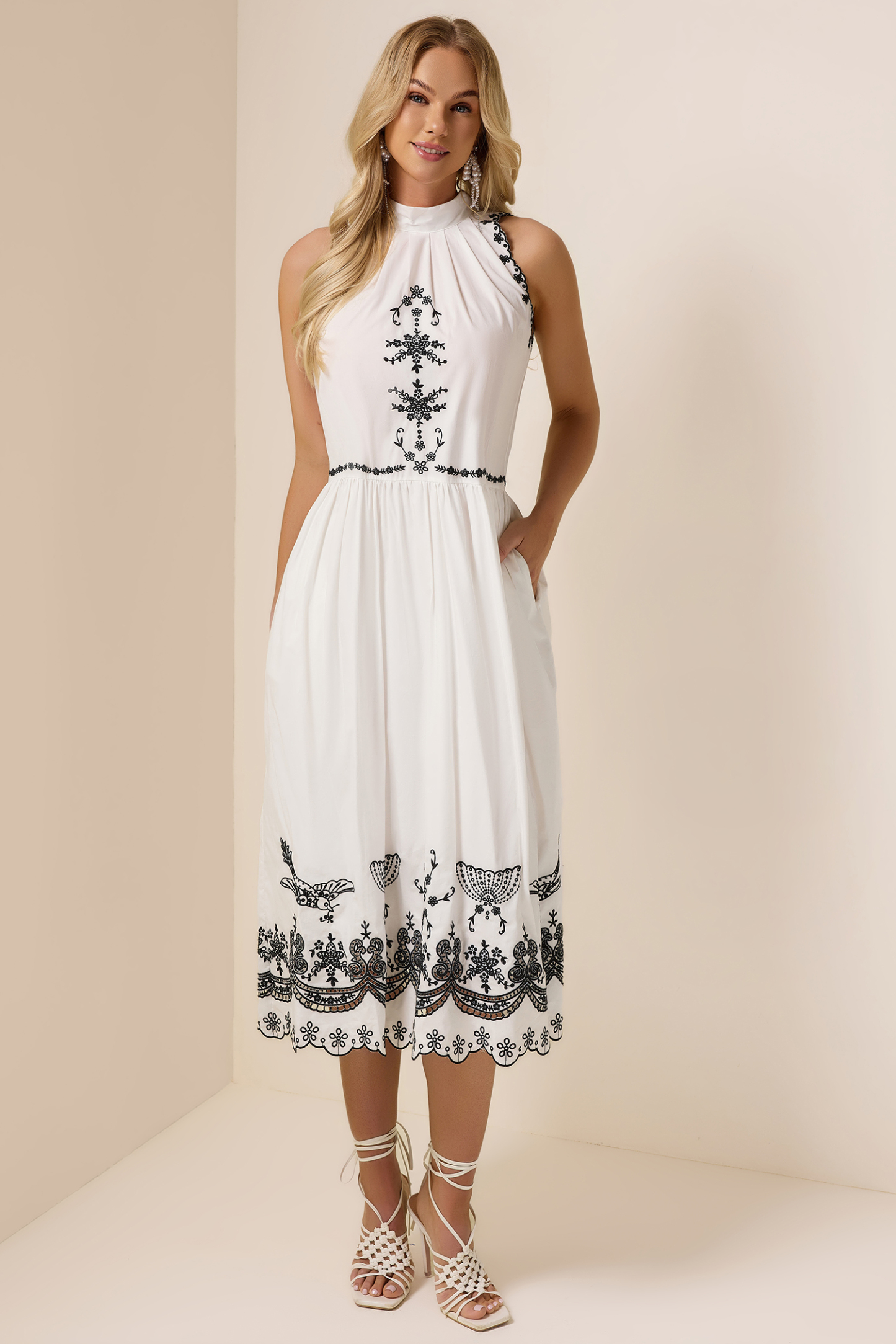 Halter Neck Embroidery Sleeveless Midi Dress