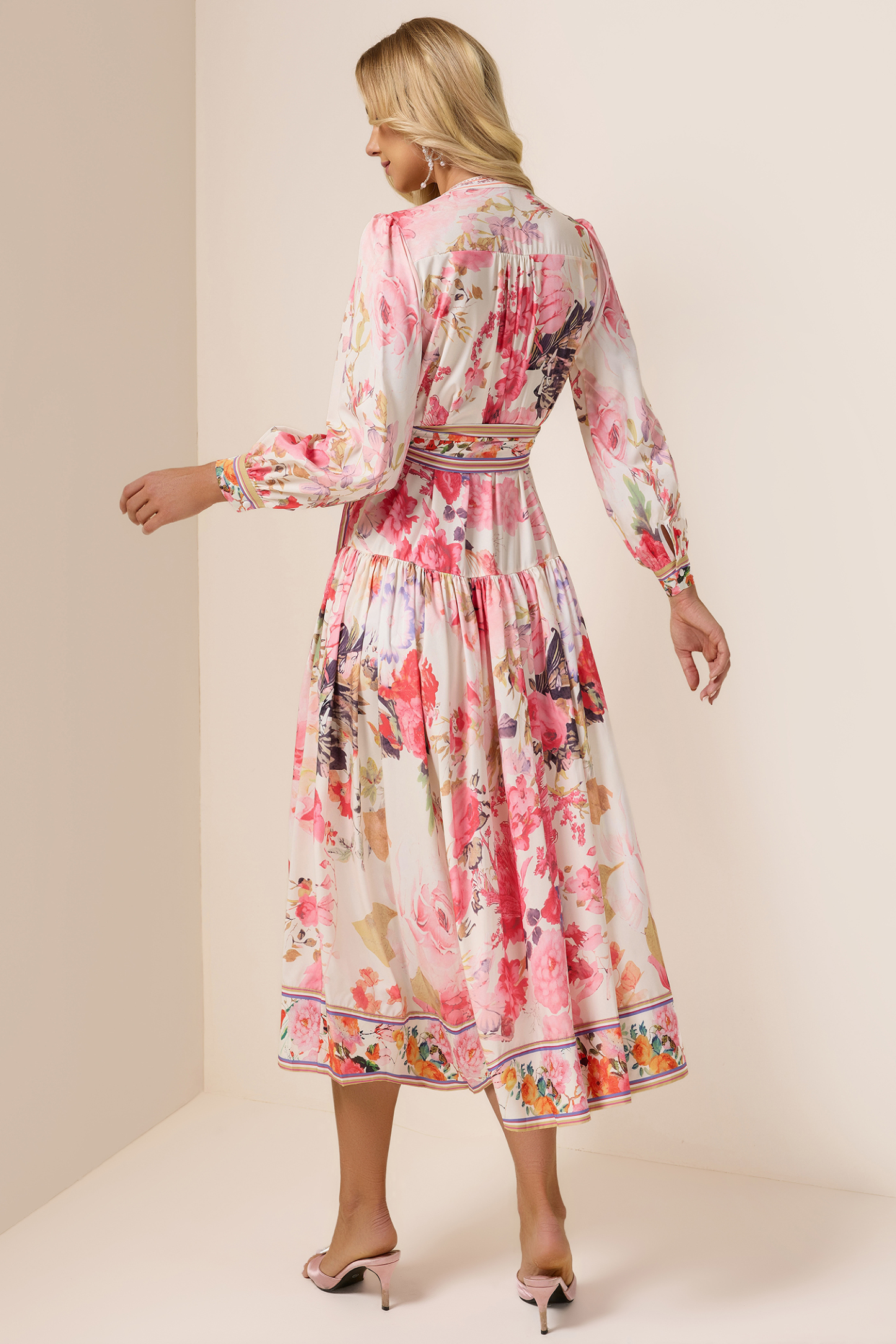 Floral Lantern Sleeve Bottom Midi Dress With Belt