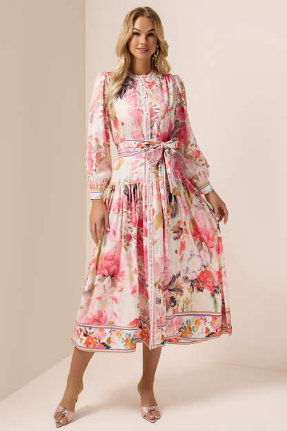 Floral Lantern Sleeve Bottom Midi Dress With Belt