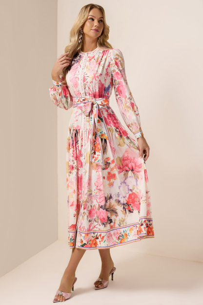 Floral Lantern Sleeve Bottom Midi Dress With Belt