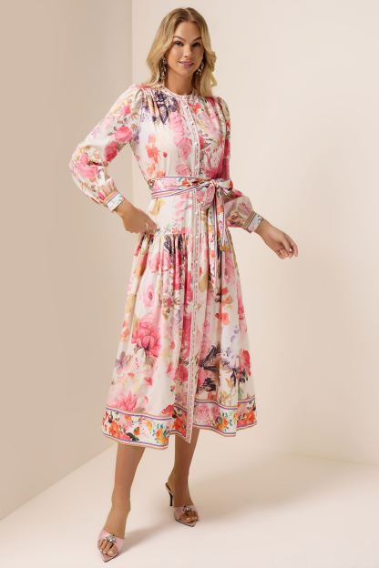 Floral Lantern Sleeve Bottom Midi Dress With Belt