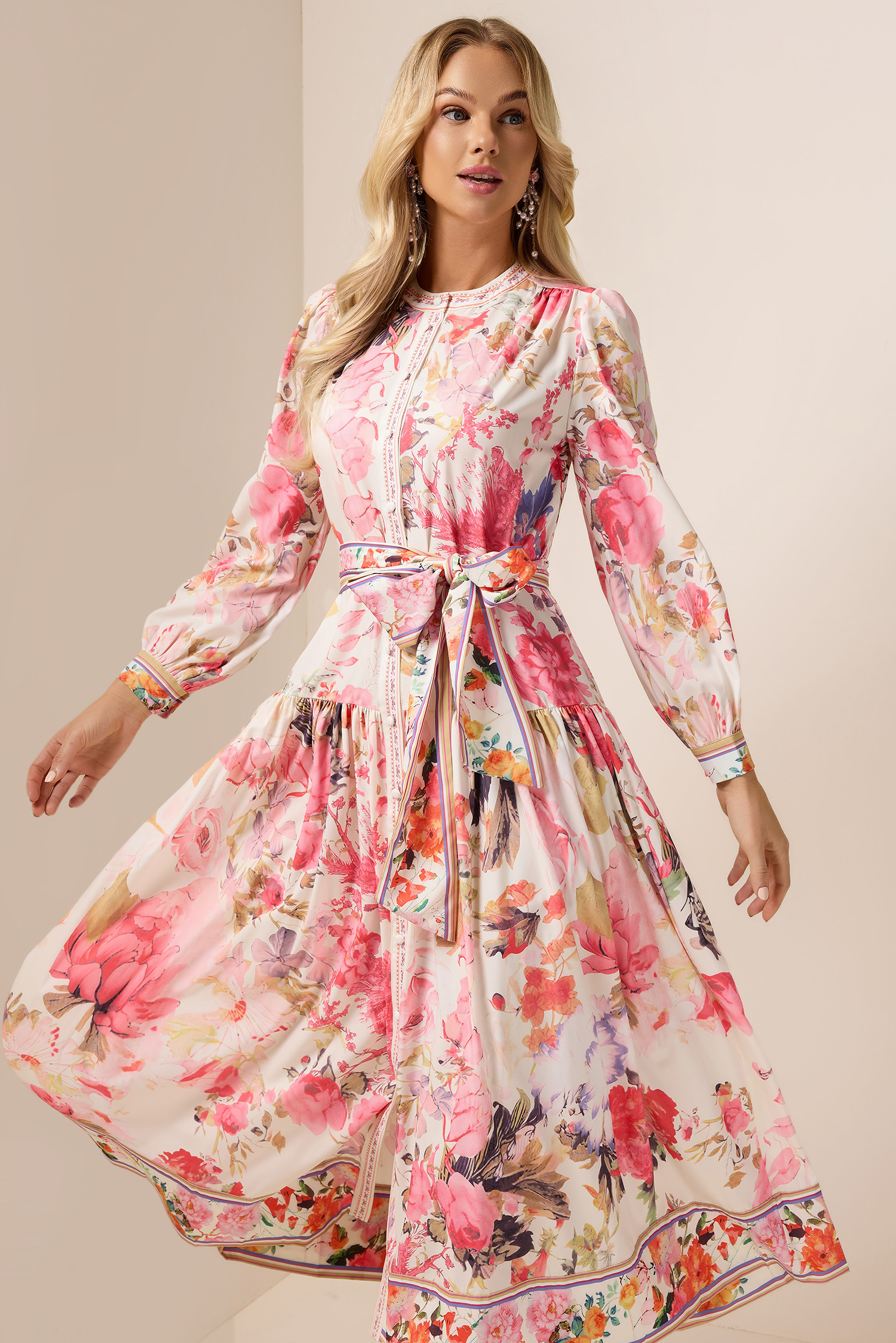 Floral Lantern Sleeve Bottom Midi Dress With Belt