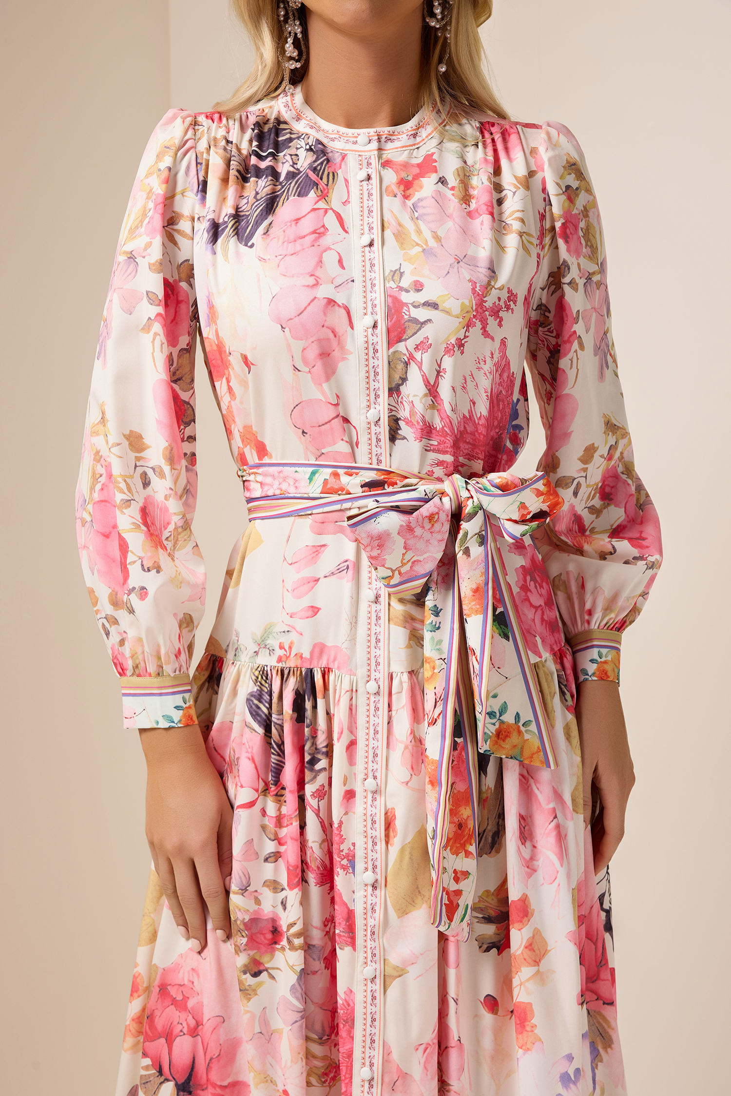 Floral Lantern Sleeve Bottom Midi Dress With Belt