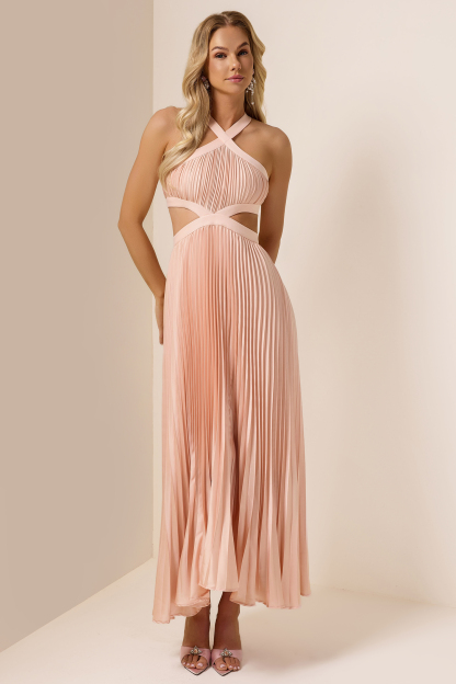 Pleat Cut-Out Halter Neck Maxi Dress