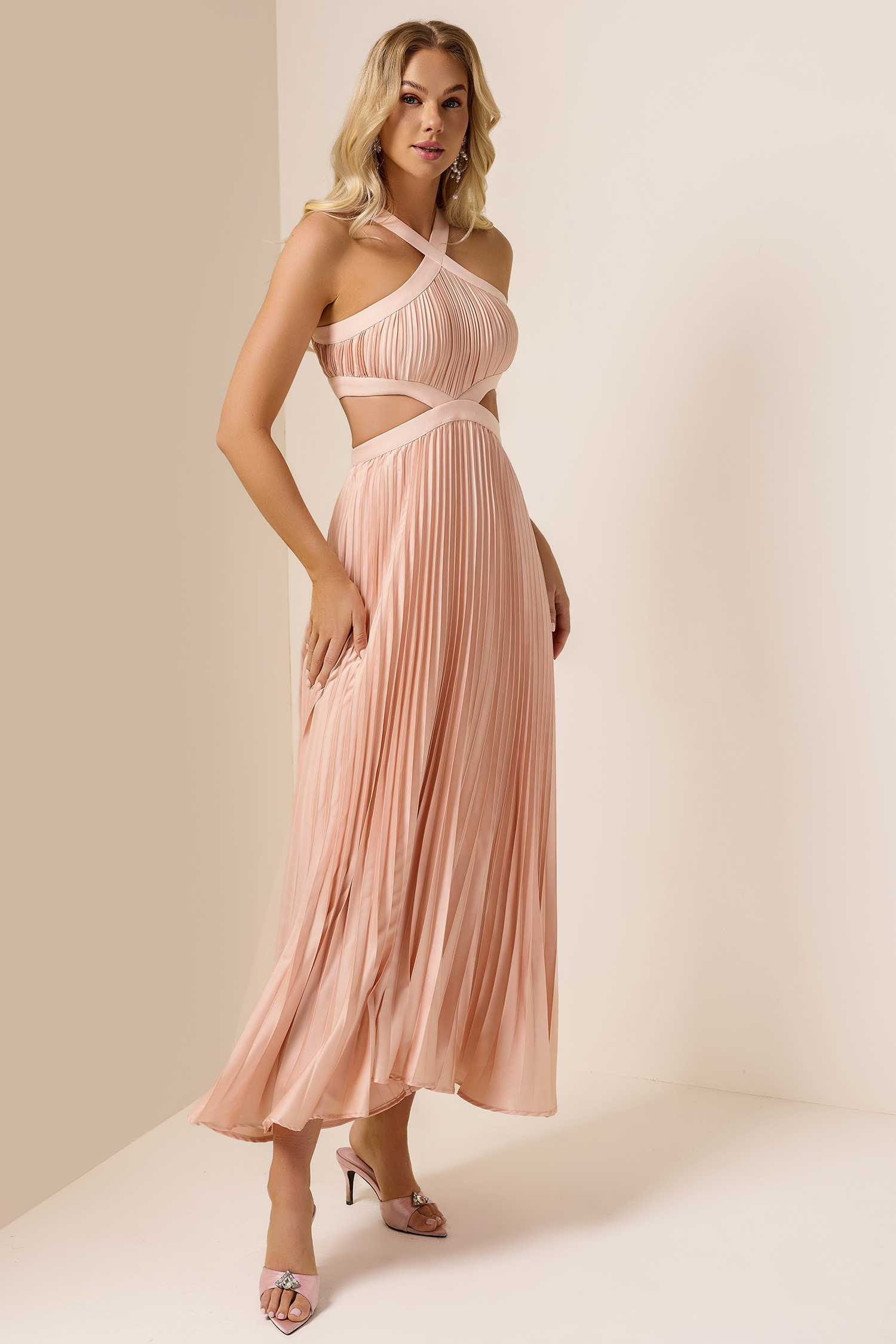 Pleat Cut-Out Halter Neck Maxi Dress