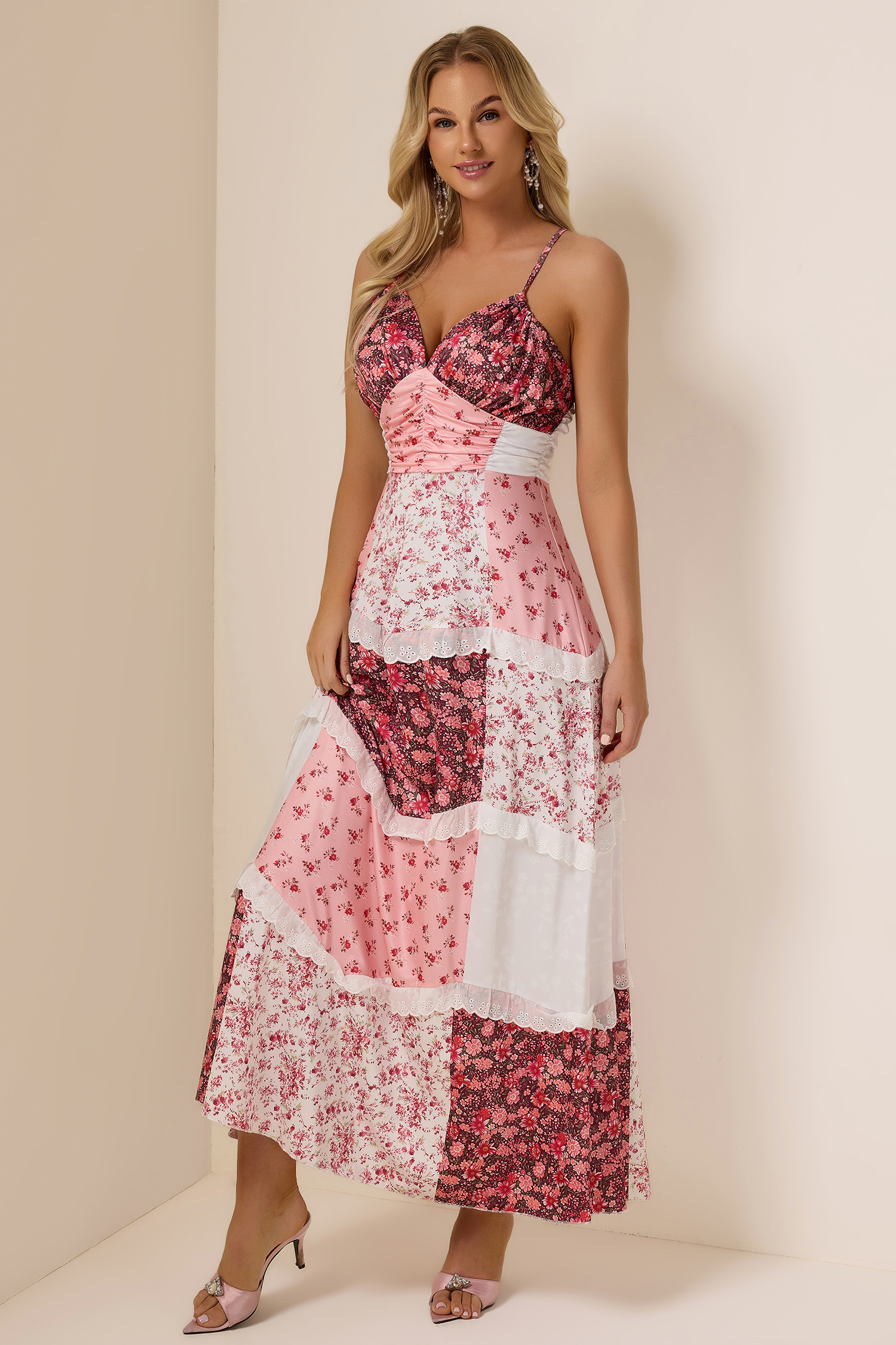 Floral Splicing Frill Midi Dress