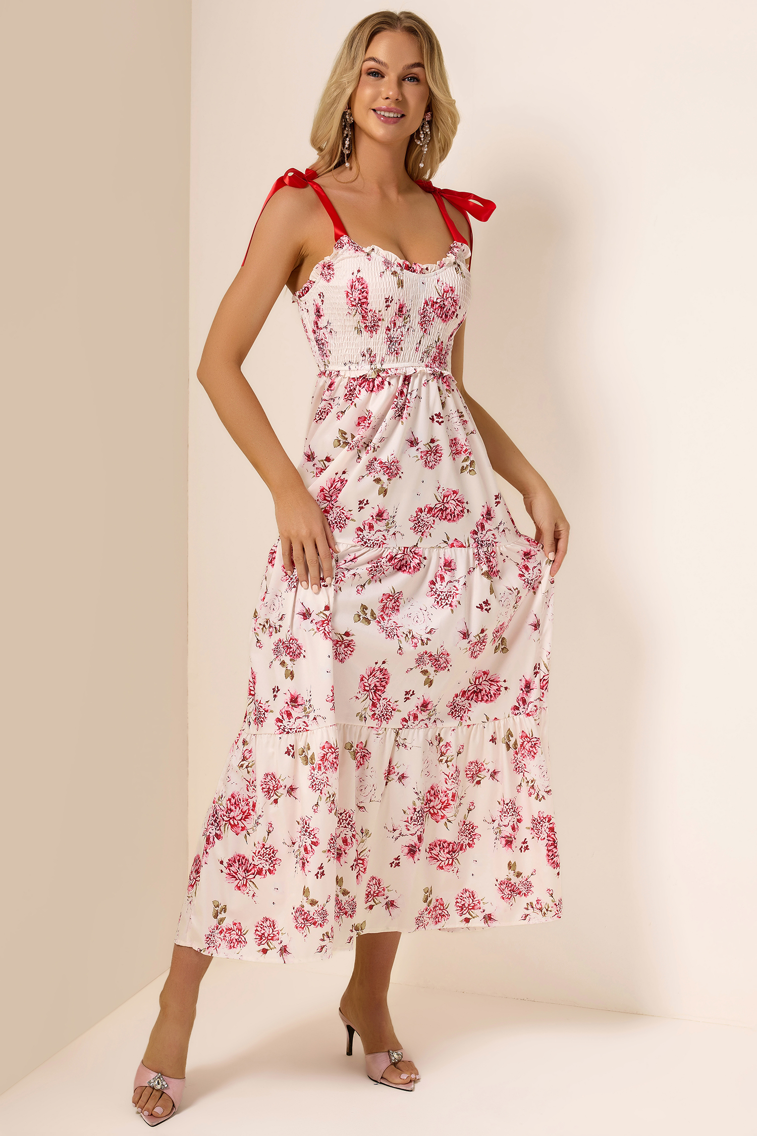 Floral Lace Up Smock Midi Dress