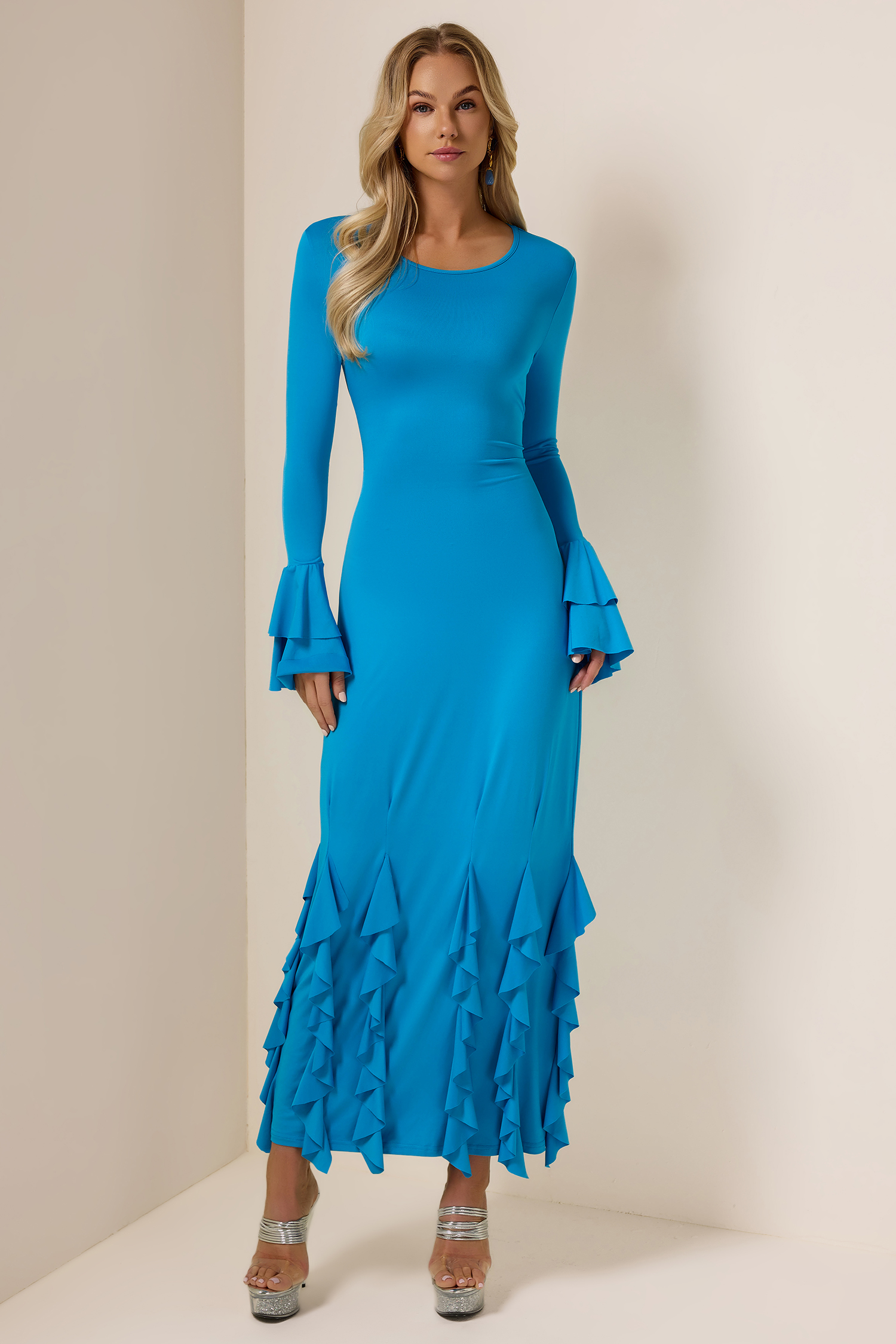 Solid Frill Jersey Midi Dress