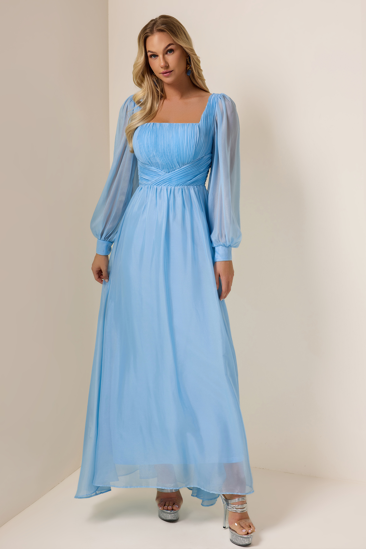 Chiffon Square Collar Lantern Sleeve Maxi Dress