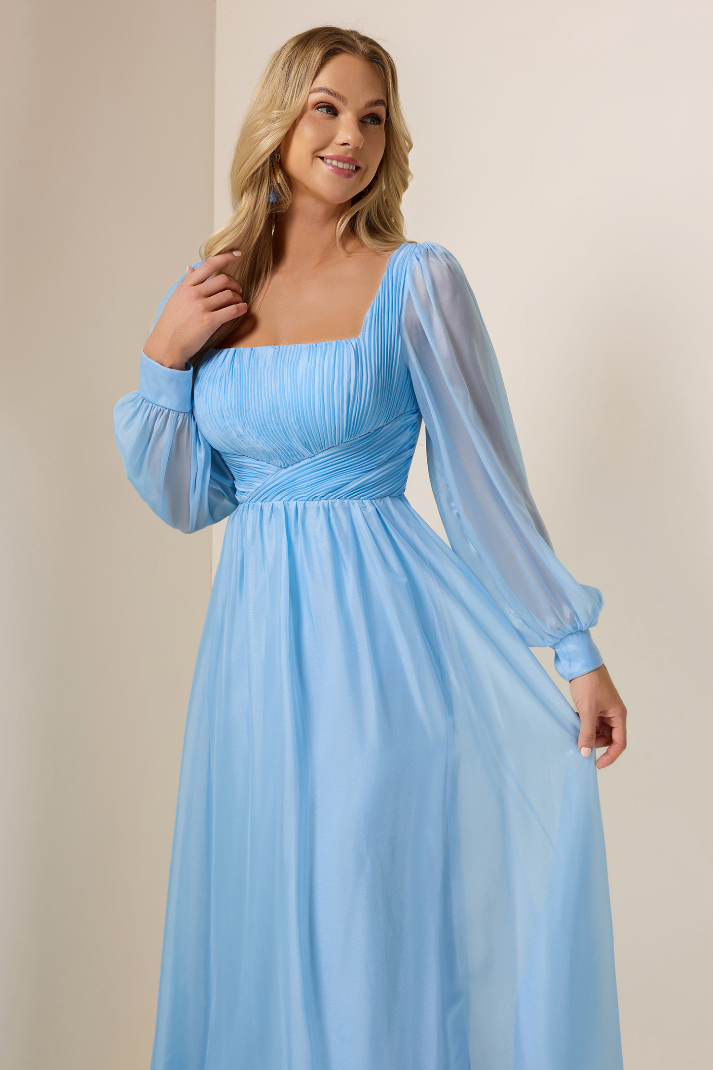 Chiffon Square Collar Lantern Sleeve Maxi Dress