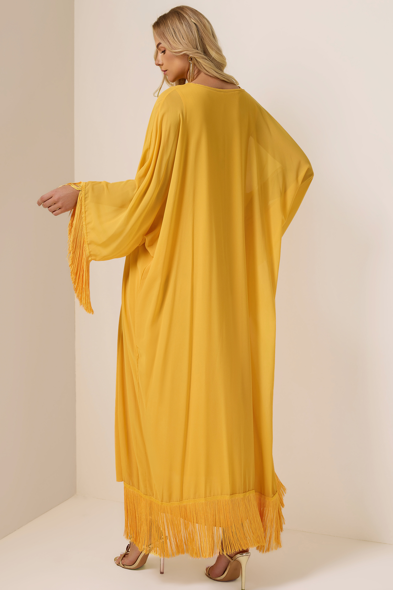 Tassel Cape & Solid Chiffon Midi Dress Set