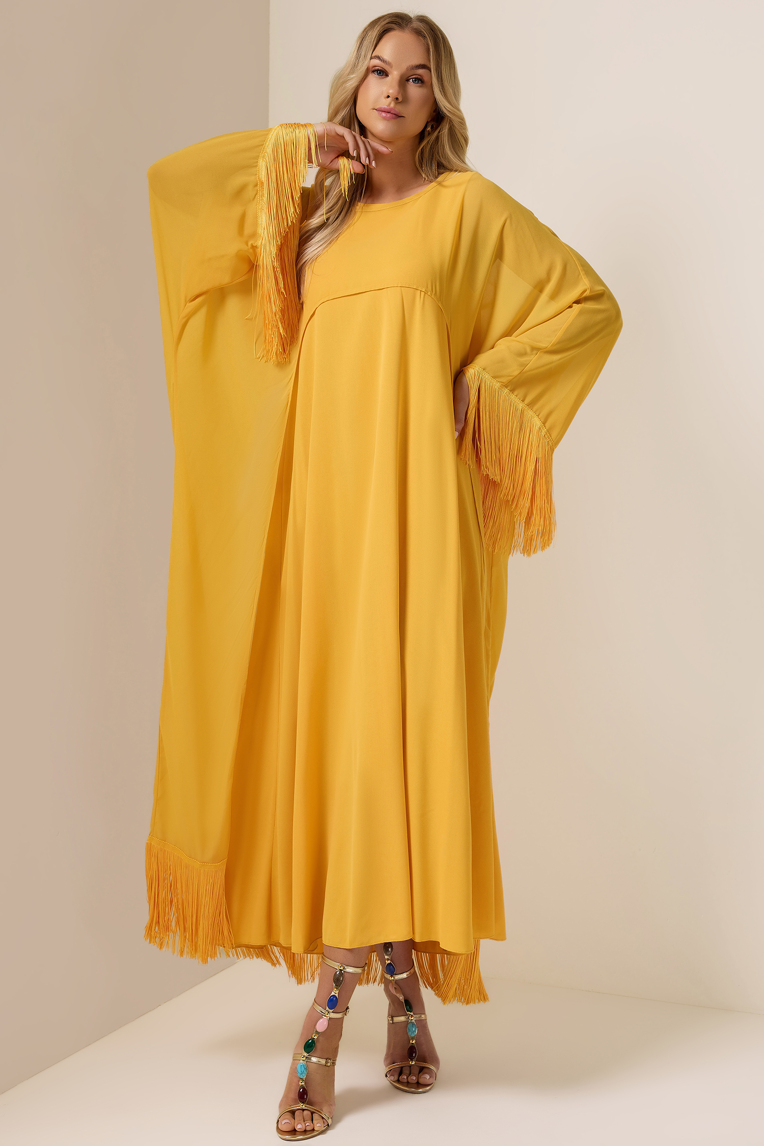 Tassel Cape & Solid Chiffon Midi Dress Set