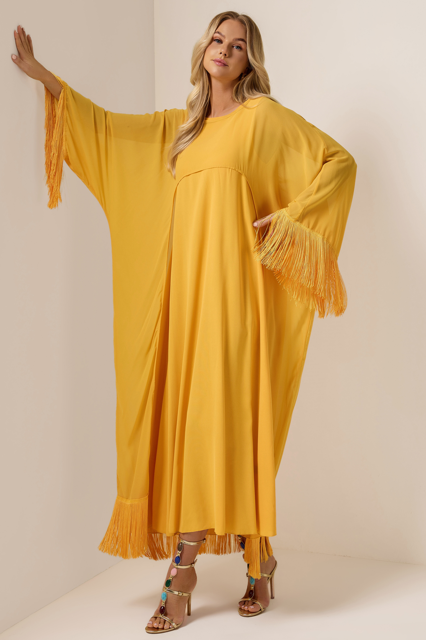 Tassel Cape & Solid Chiffon Midi Dress Set