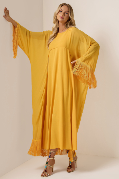 Tassel Cape & Solid Chiffon Midi Dress Set