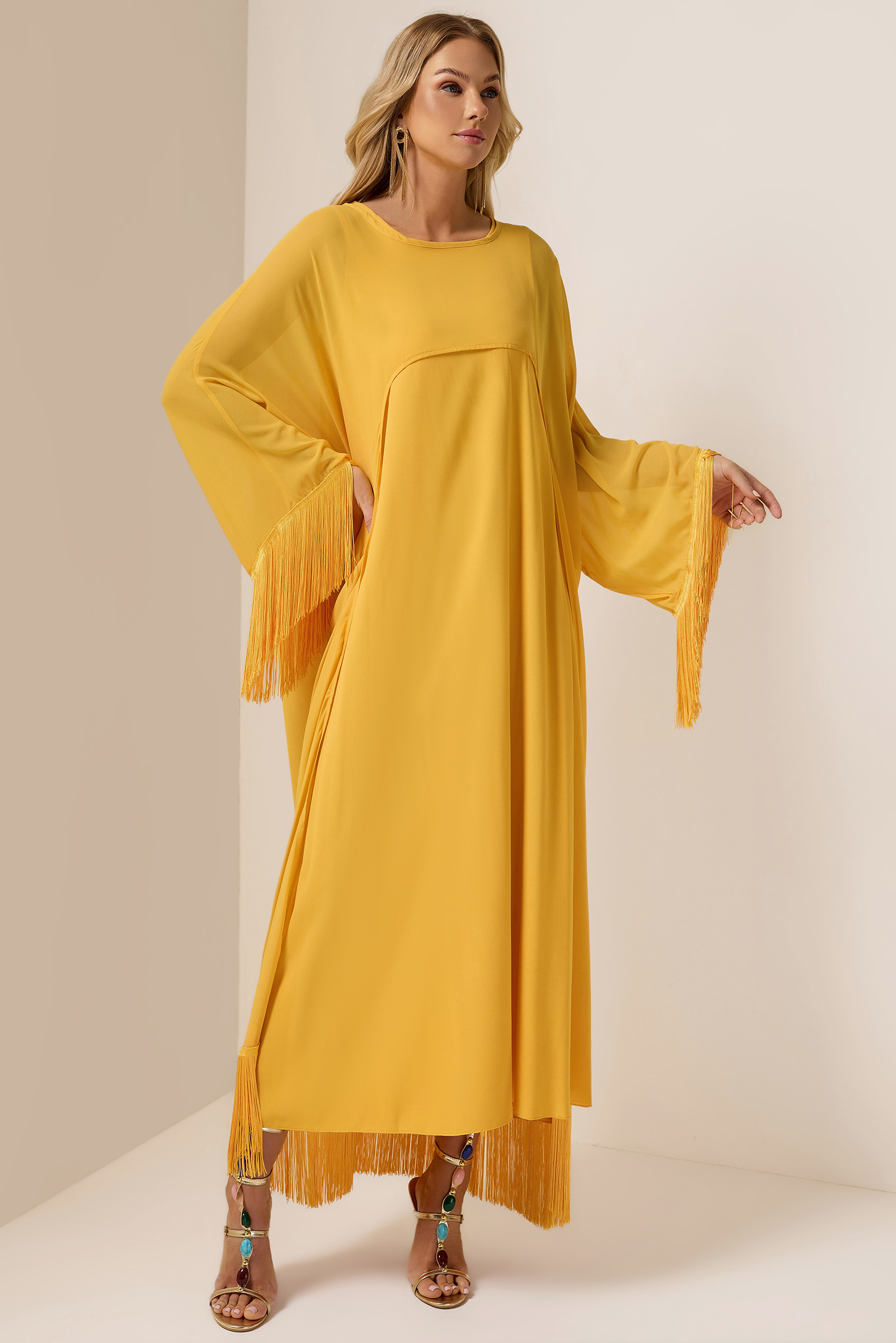 Tassel Cape & Solid Chiffon Midi Dress Set