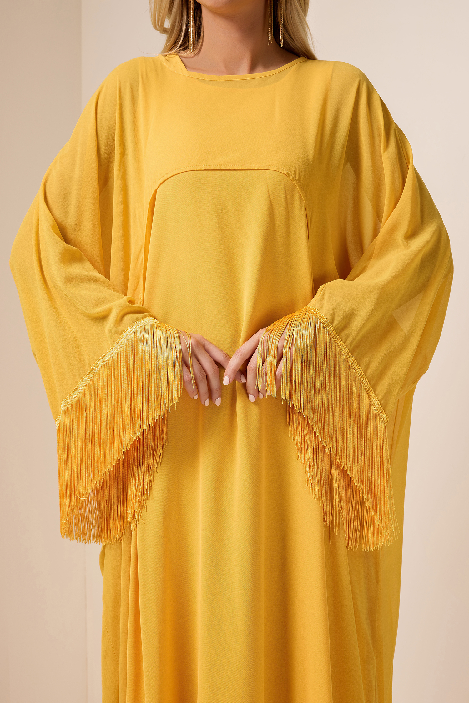 Tassel Cape & Solid Chiffon Midi Dress Set