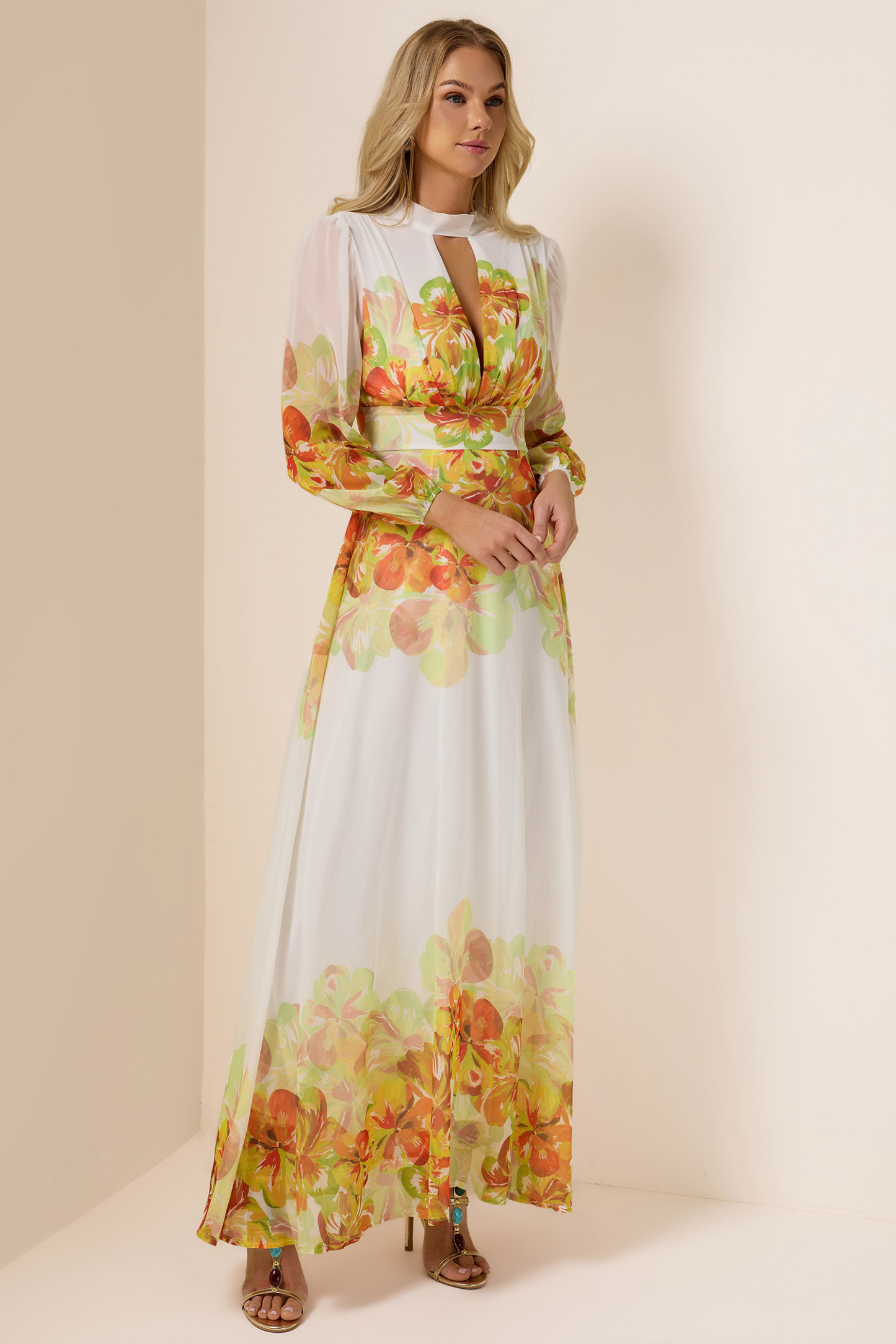 Floral Chiffon Cut-Out Maxi Dress