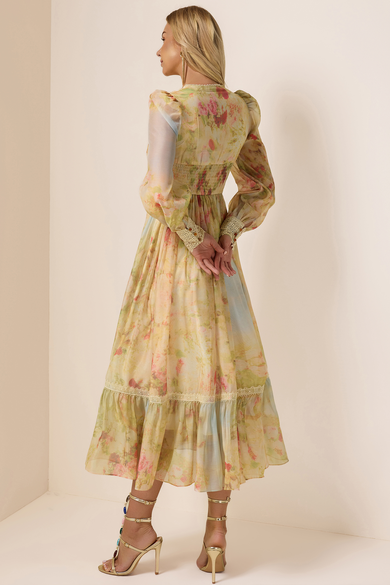 Floral Lace Smocking Ruffle Midi Dress