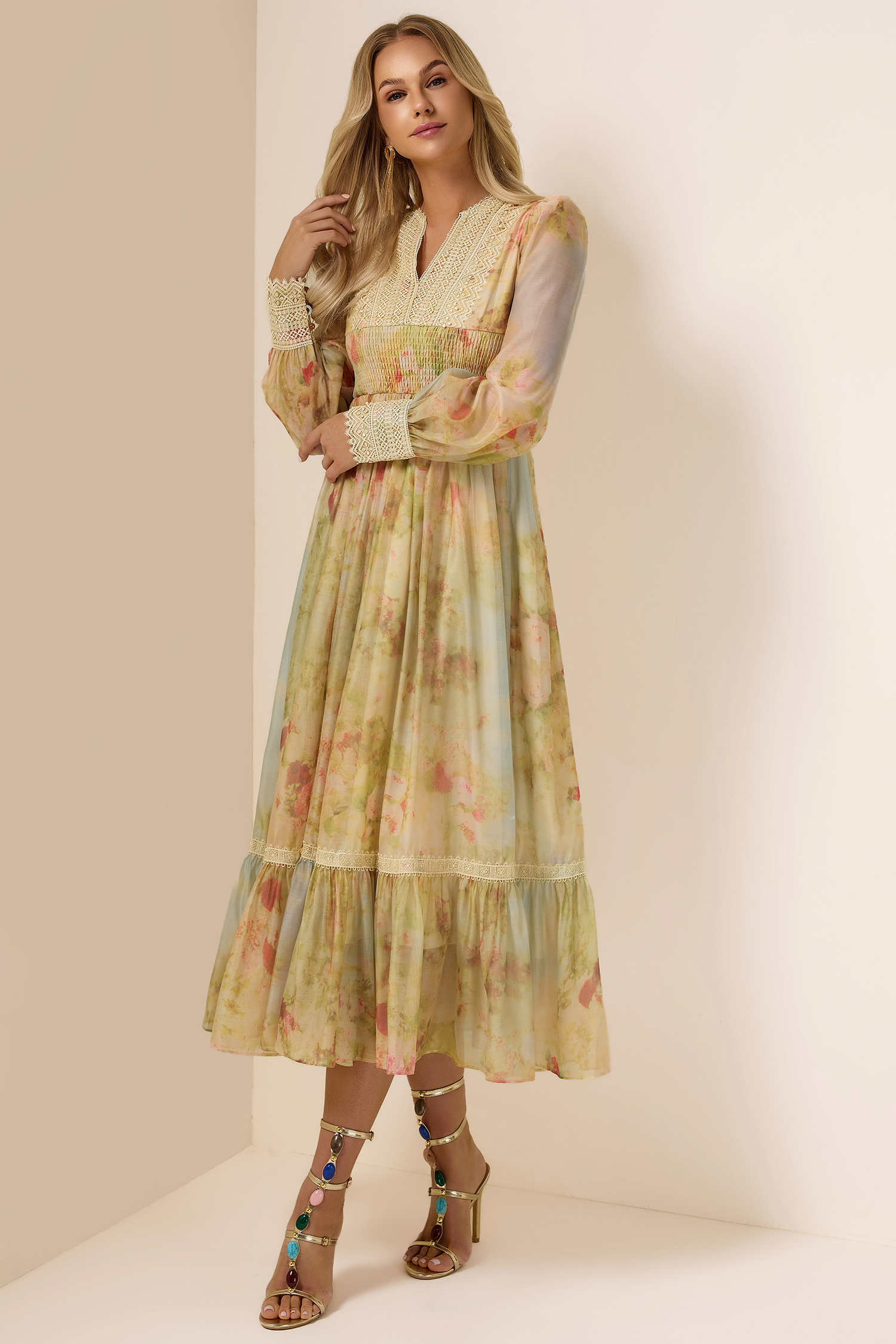 Floral Lace Smocking Ruffle Midi Dress