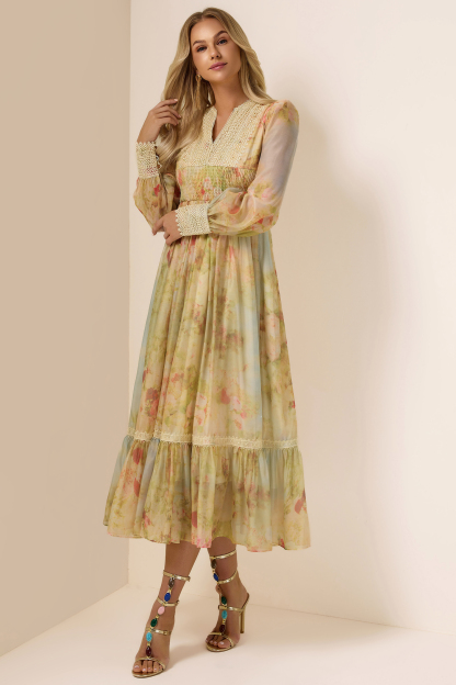 Floral Lace Smocking Ruffle Midi Dress