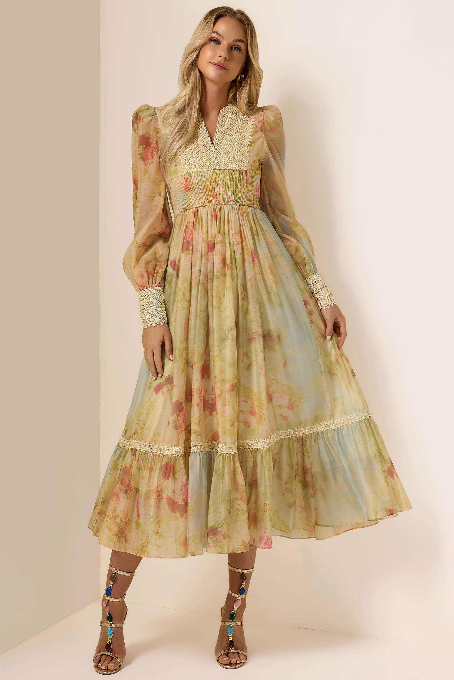 Floral Lace Smocking Ruffle Midi Dress