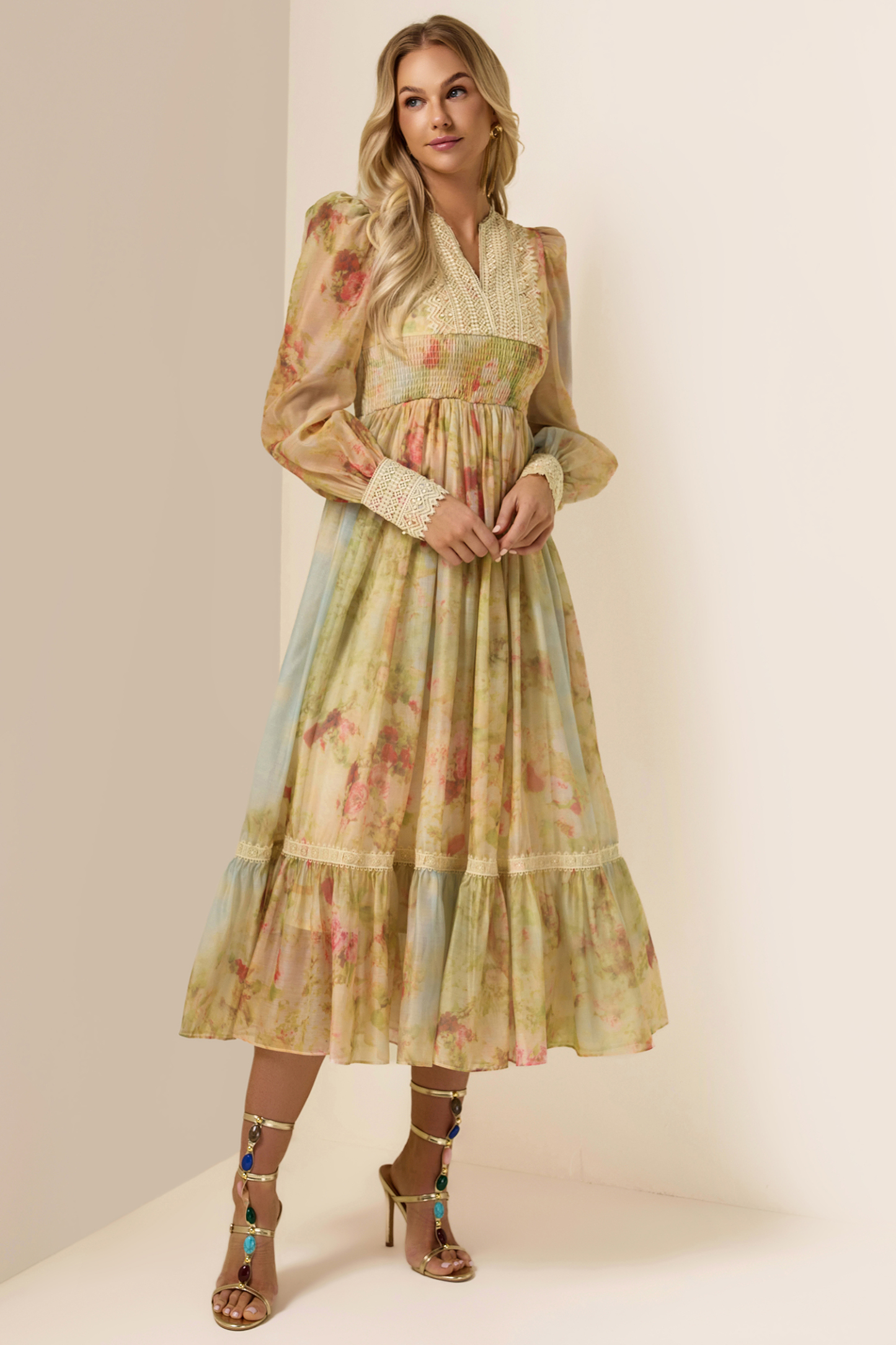 Floral Lace Smocking Ruffle Midi Dress