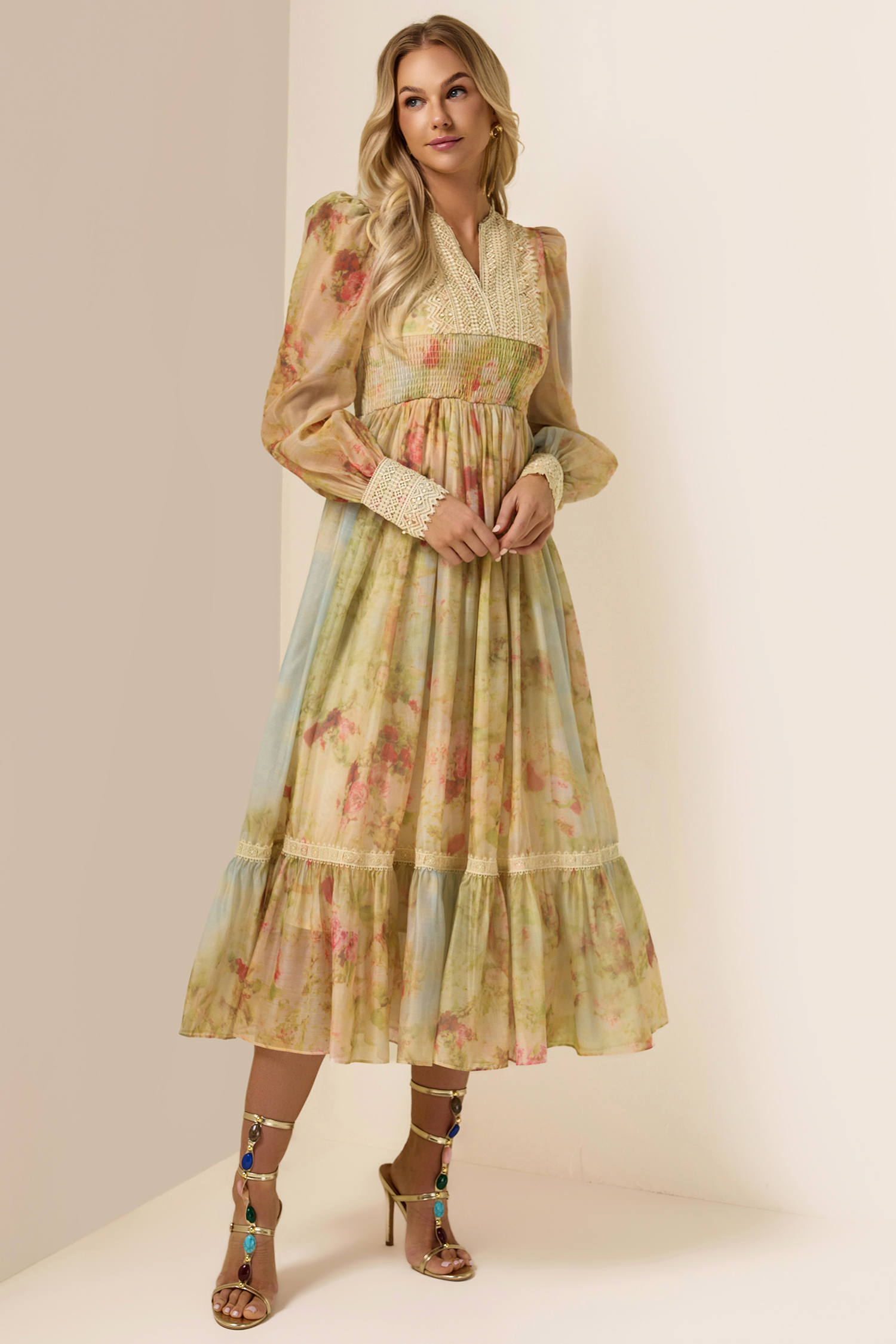 Floral Lace Smocking Ruffle Midi Dress