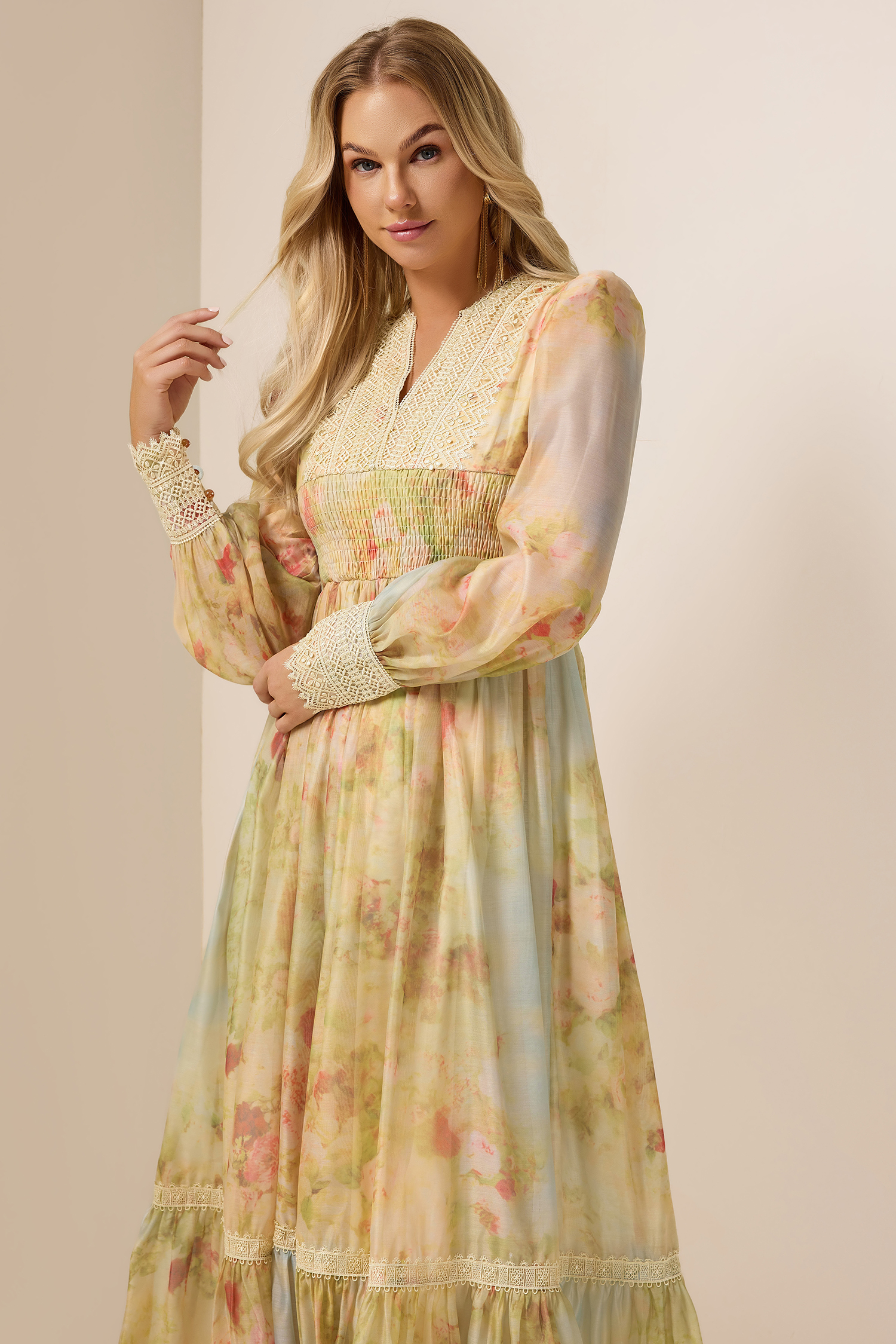 Floral Lace Smocking Ruffle Midi Dress