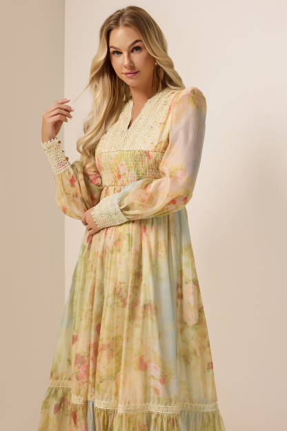 Floral Lace Smocking Ruffle Midi Dress