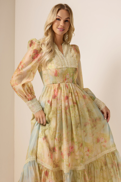 Floral Lace Smocking Ruffle Midi Dress