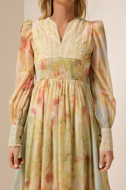 Floral Lace Smocking Ruffle Midi Dress