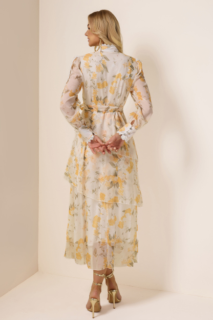 Lace Splicing Chiffon Lace-Up Ruffle Midi Dress