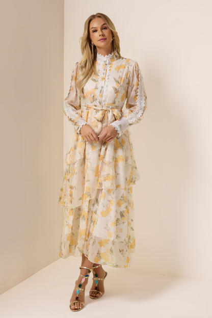 Lace Splicing Chiffon Lace-Up Ruffle Midi Dress