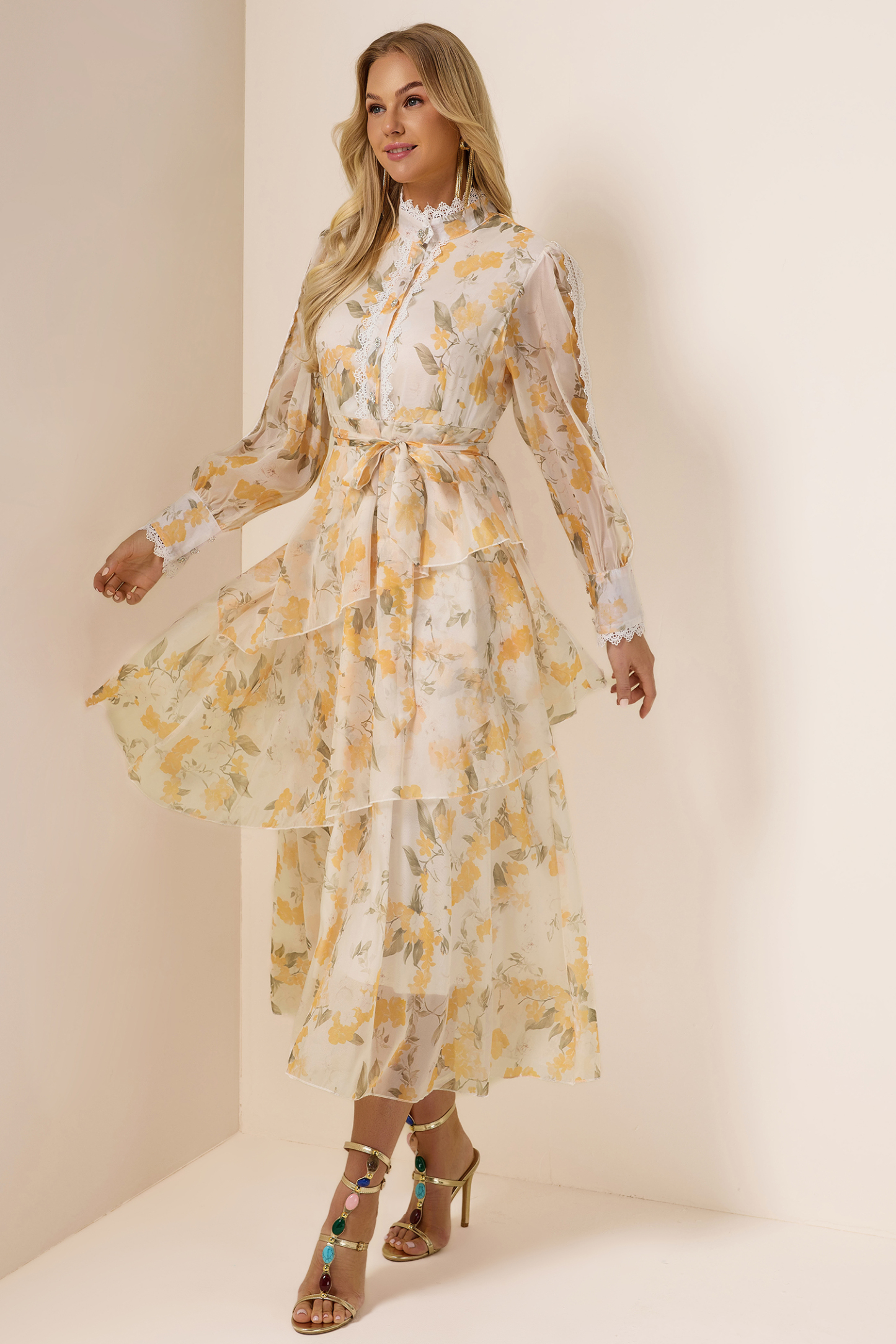 Lace Splicing Chiffon Lace-Up Ruffle Midi Dress