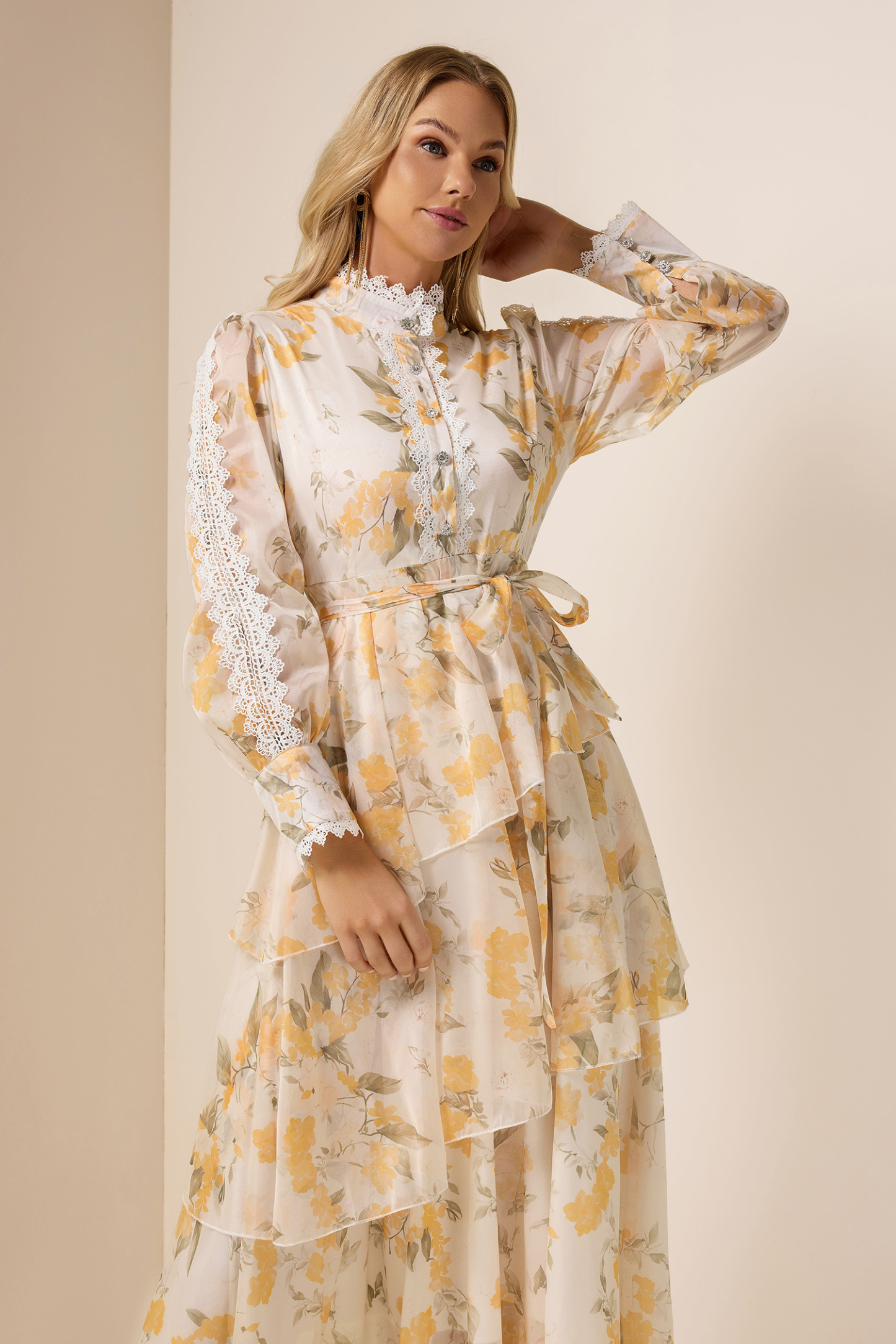 Lace Splicing Chiffon Lace-Up Ruffle Midi Dress