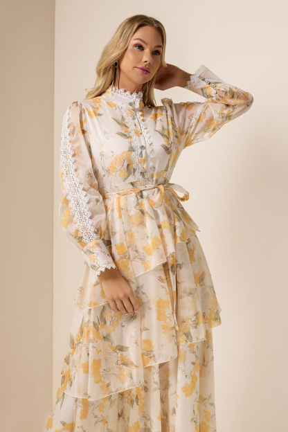 Lace Splicing Chiffon Lace-Up Ruffle Midi Dress