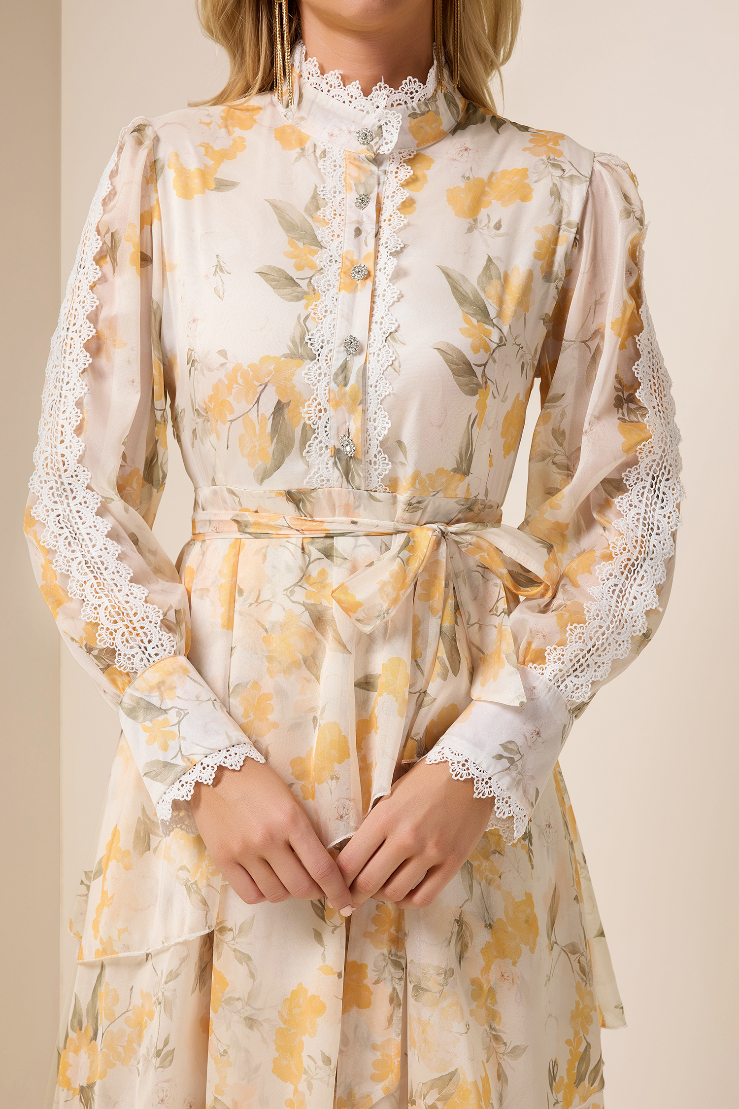 Lace Splicing Chiffon Lace-Up Ruffle Midi Dress