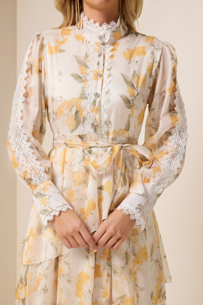 Lace Splicing Chiffon Lace-Up Ruffle Midi Dress