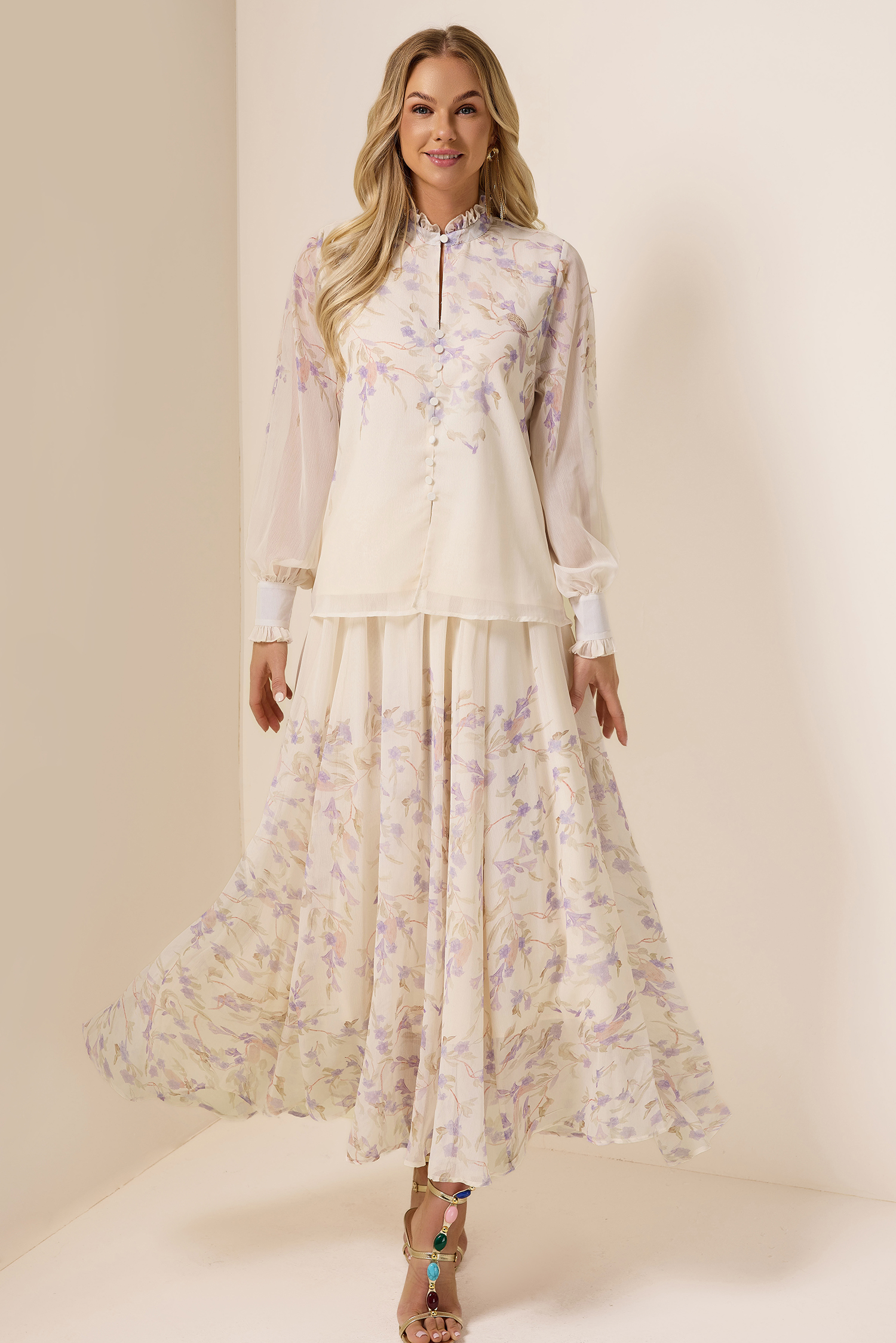 Chiffon Floral Frill  Top & Mid Waist Skirt Set