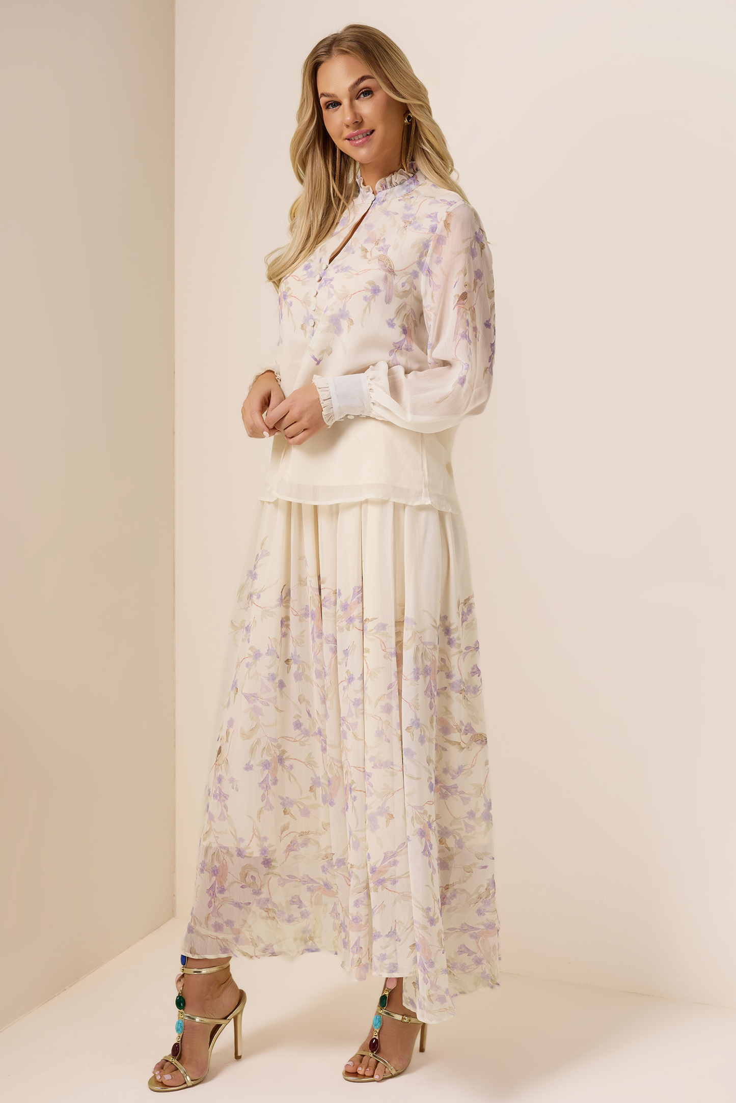 Chiffon Floral Frill  Top & Mid Waist Skirt Set