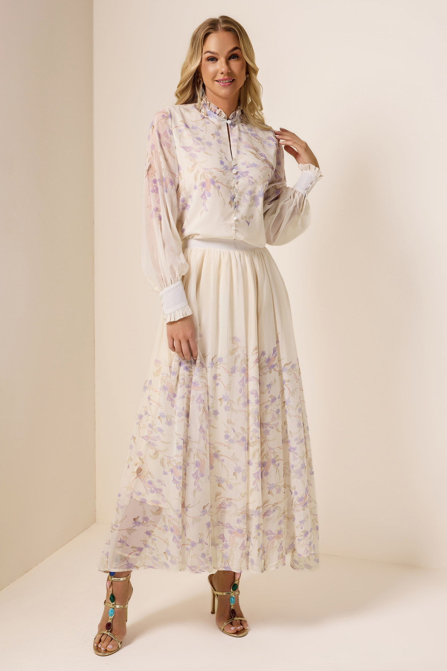 Chiffon Floral Frill  Top & Mid Waist Skirt Set