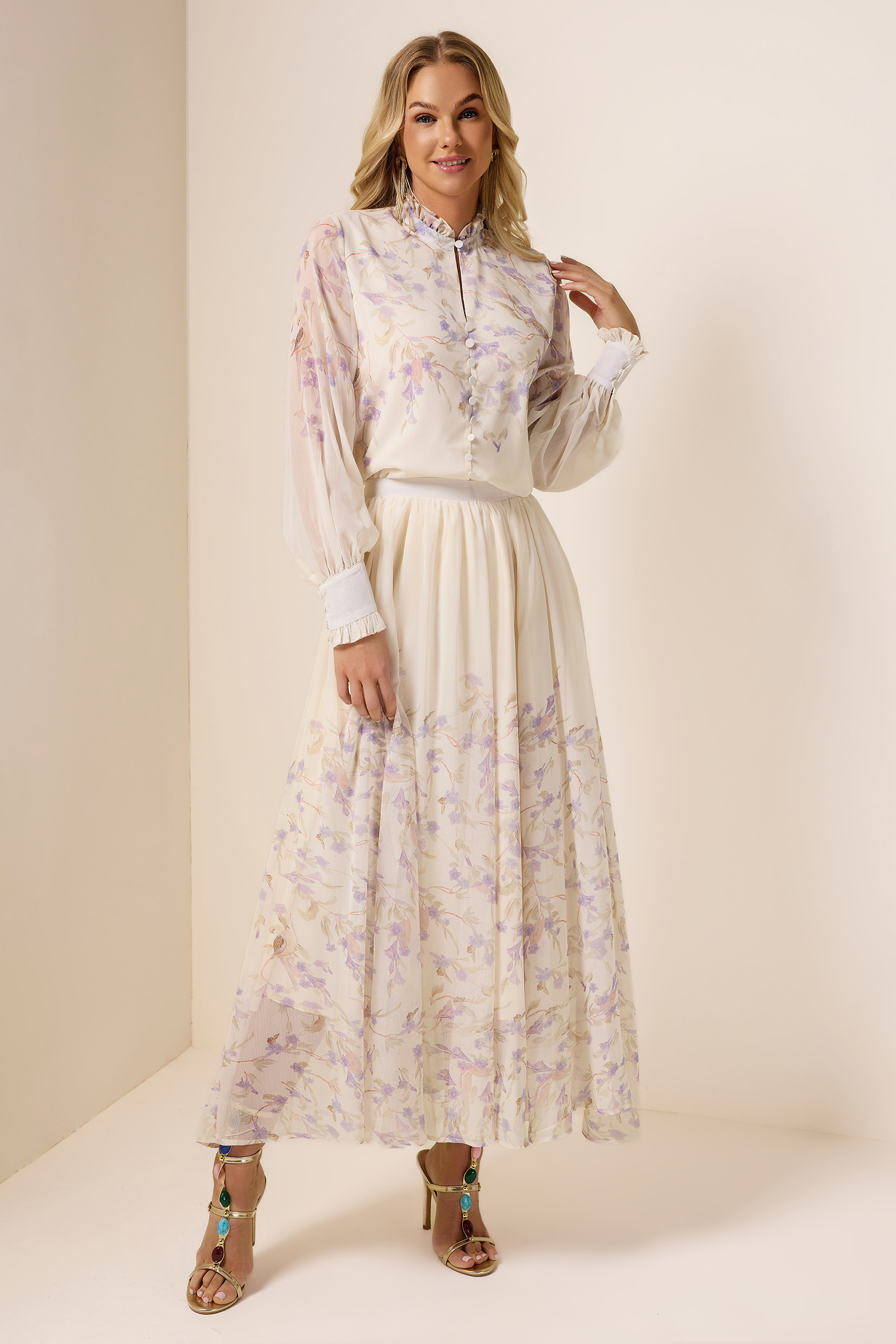 Chiffon Floral Frill  Top & Mid Waist Skirt Set