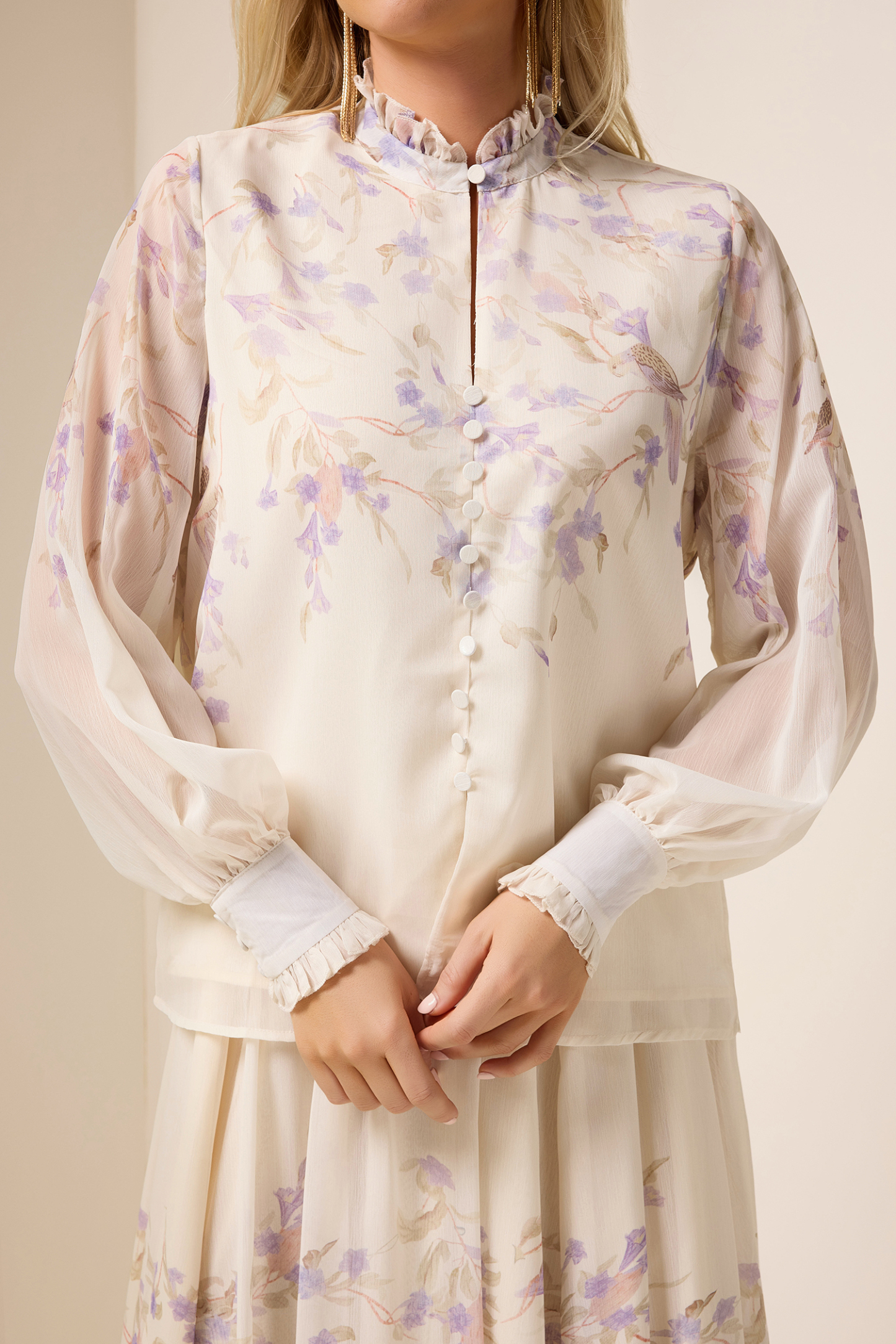 Chiffon Floral Frill  Top & Mid Waist Skirt Set