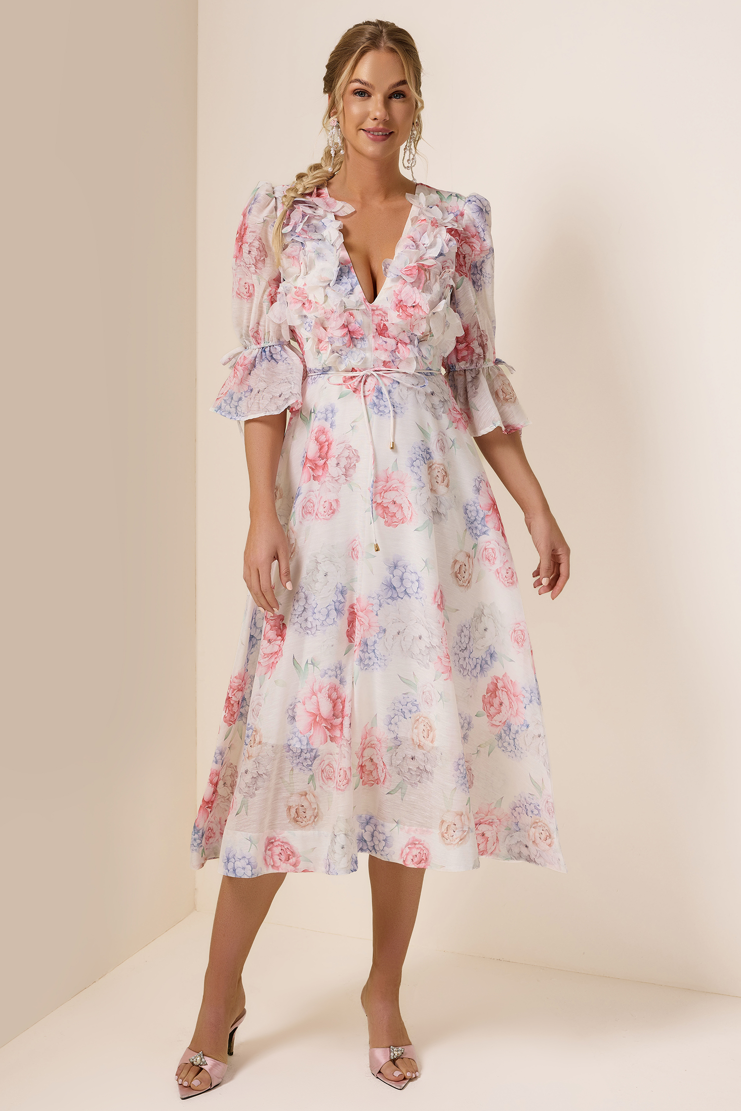 3D Flower Floral Lantern Sleeve Midi Dress