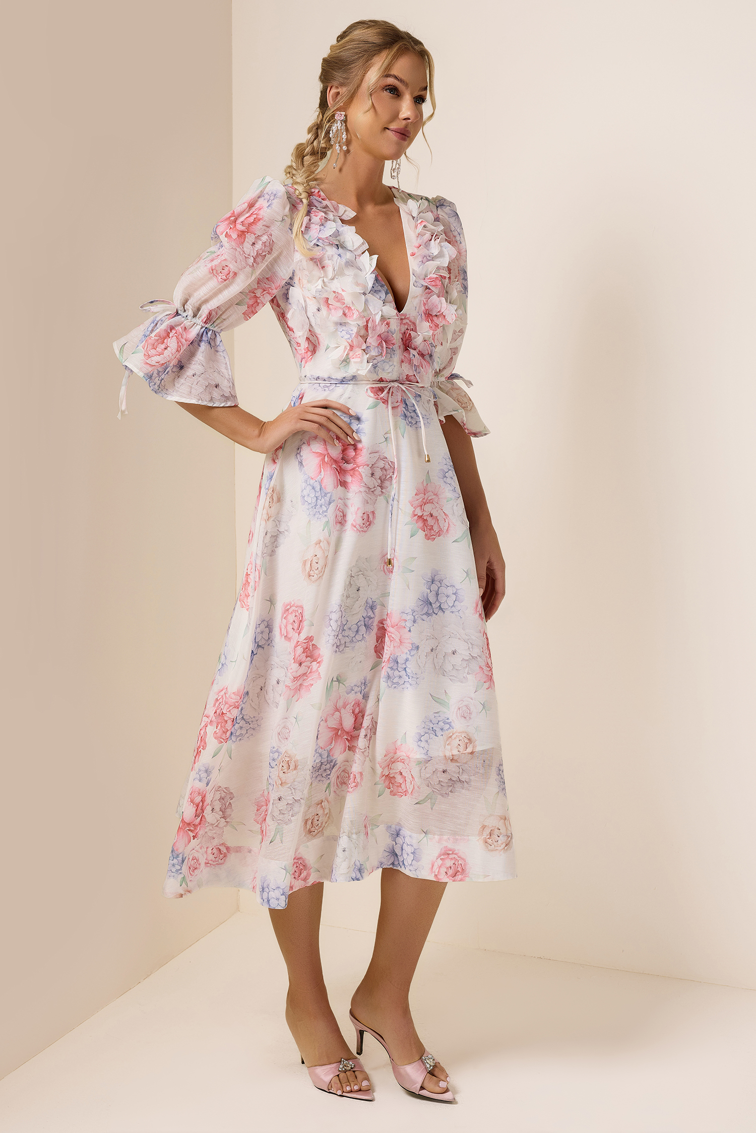 3D Flower Floral Lantern Sleeve Midi Dress