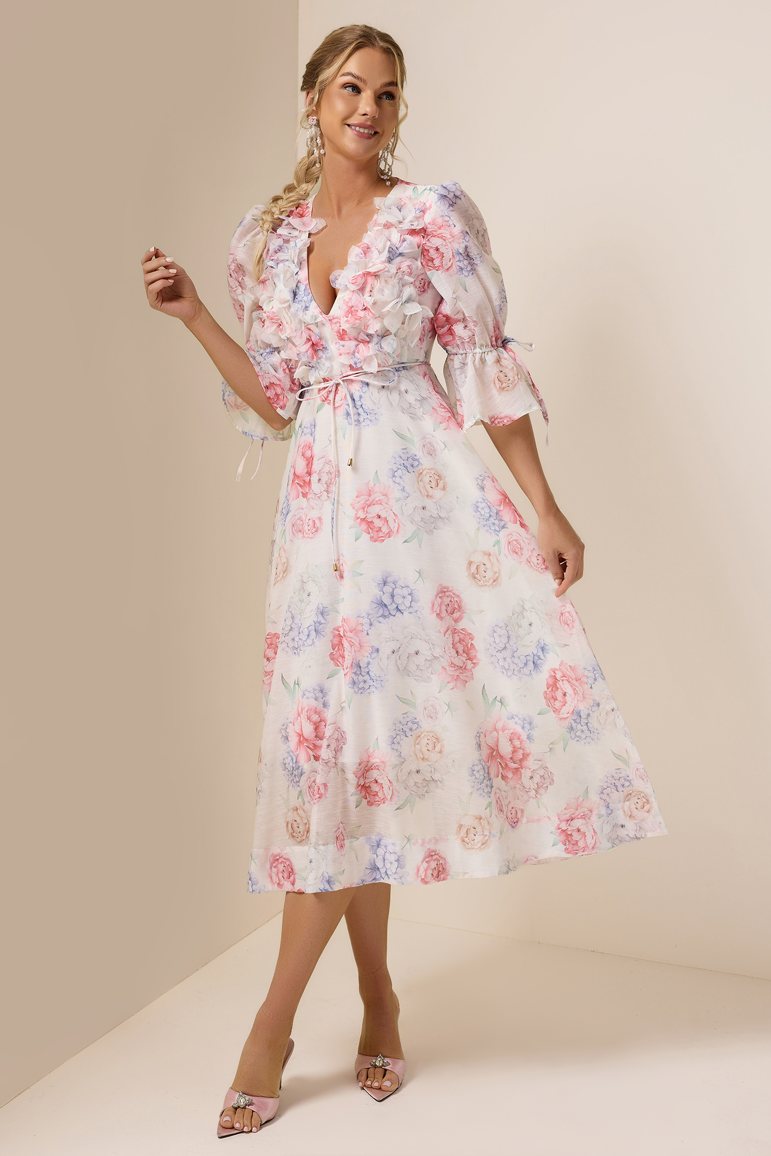 3D Flower Floral Lantern Sleeve Midi Dress