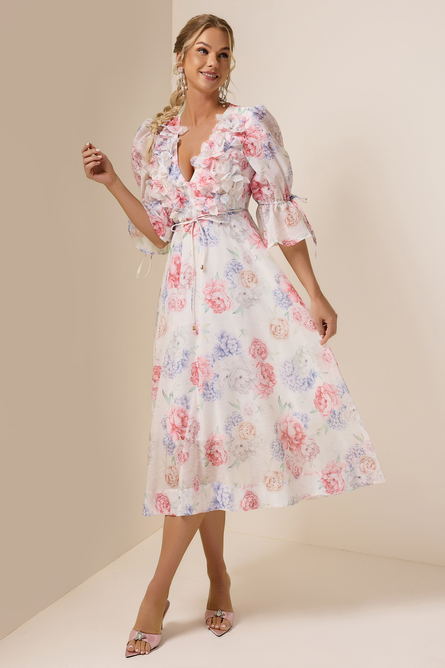 3D Flower Floral Lantern Sleeve Midi Dress