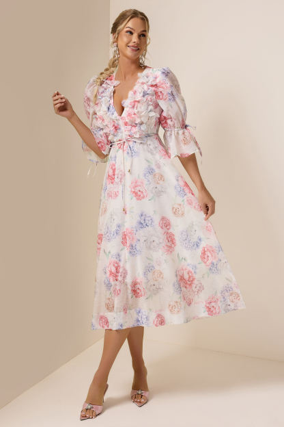 3D Flower Floral Lantern Sleeve Midi Dress