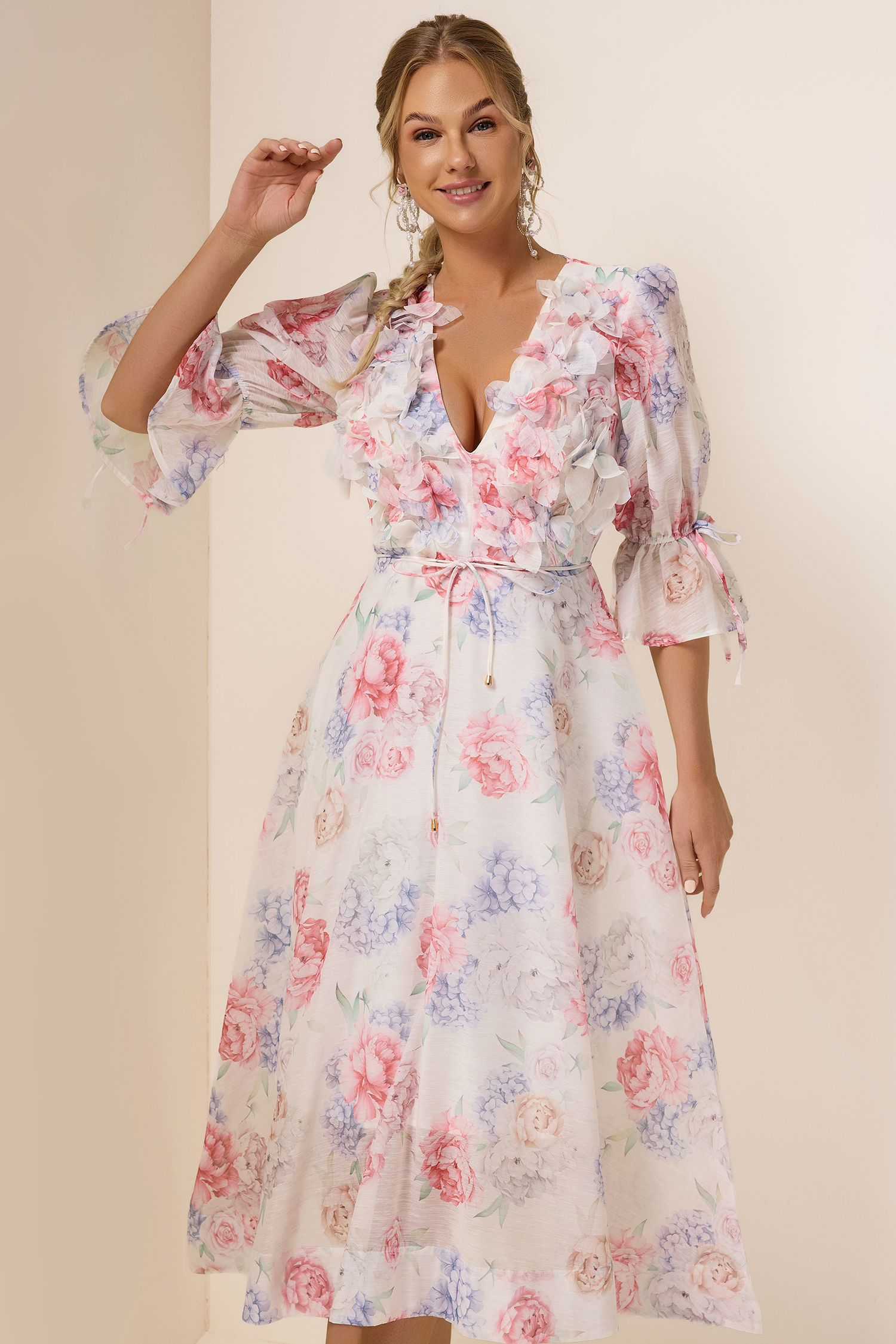 3D Flower Floral Lantern Sleeve Midi Dress